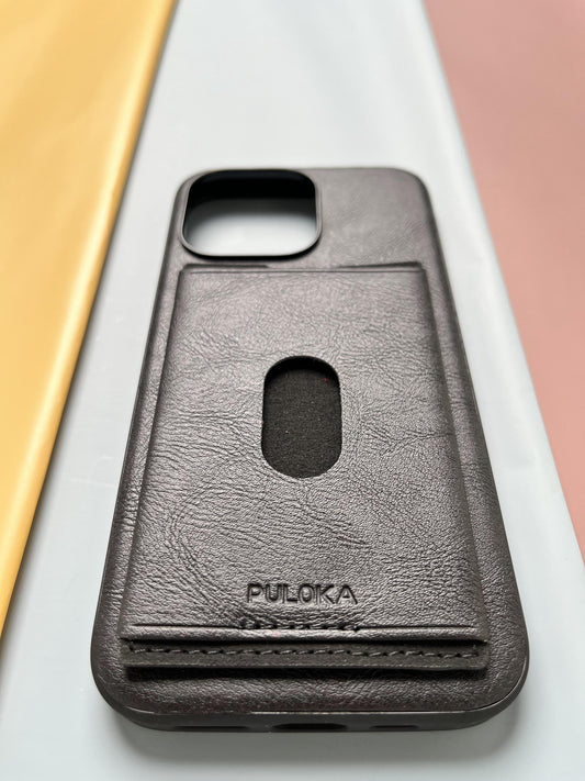Puloka Black Leather Card Holder Case For iPhone
