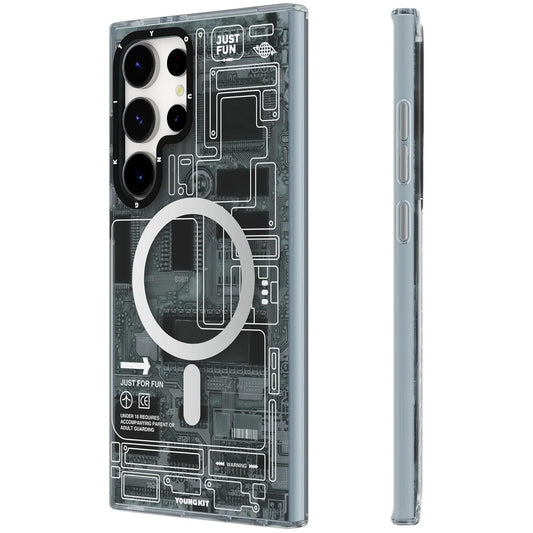 YOUNGKIT Grey Futuristic Circuit Board Magnetic Case for Galaxy S25 Ultra