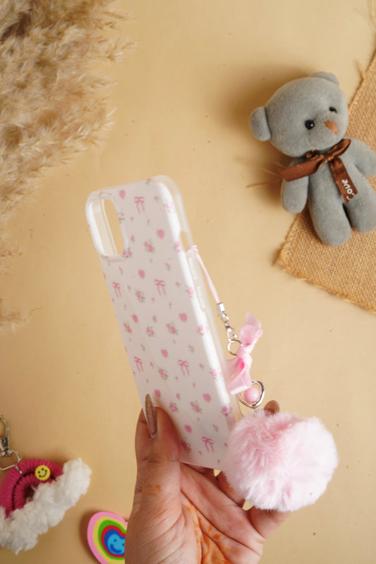 White Glossy Flower With Fluffy Charm Case for iPhone