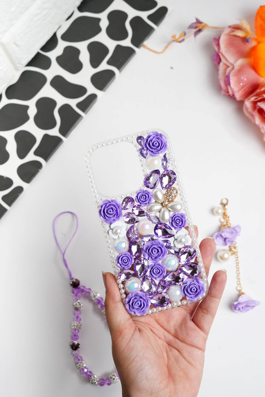 Purple Floral Diamond Bling With Pearl Floral Pendant Case for iPhone