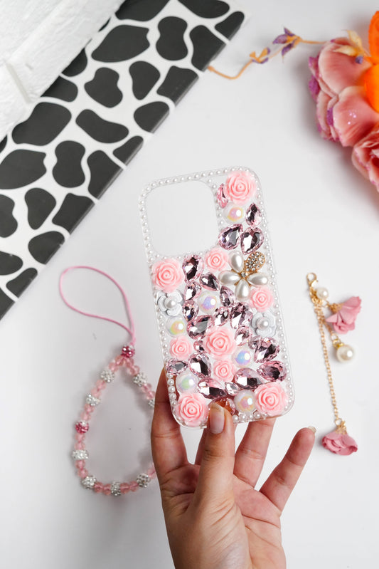 Pink Floral Diamond Bling With Pearl Floral Pendant Case for iPhone