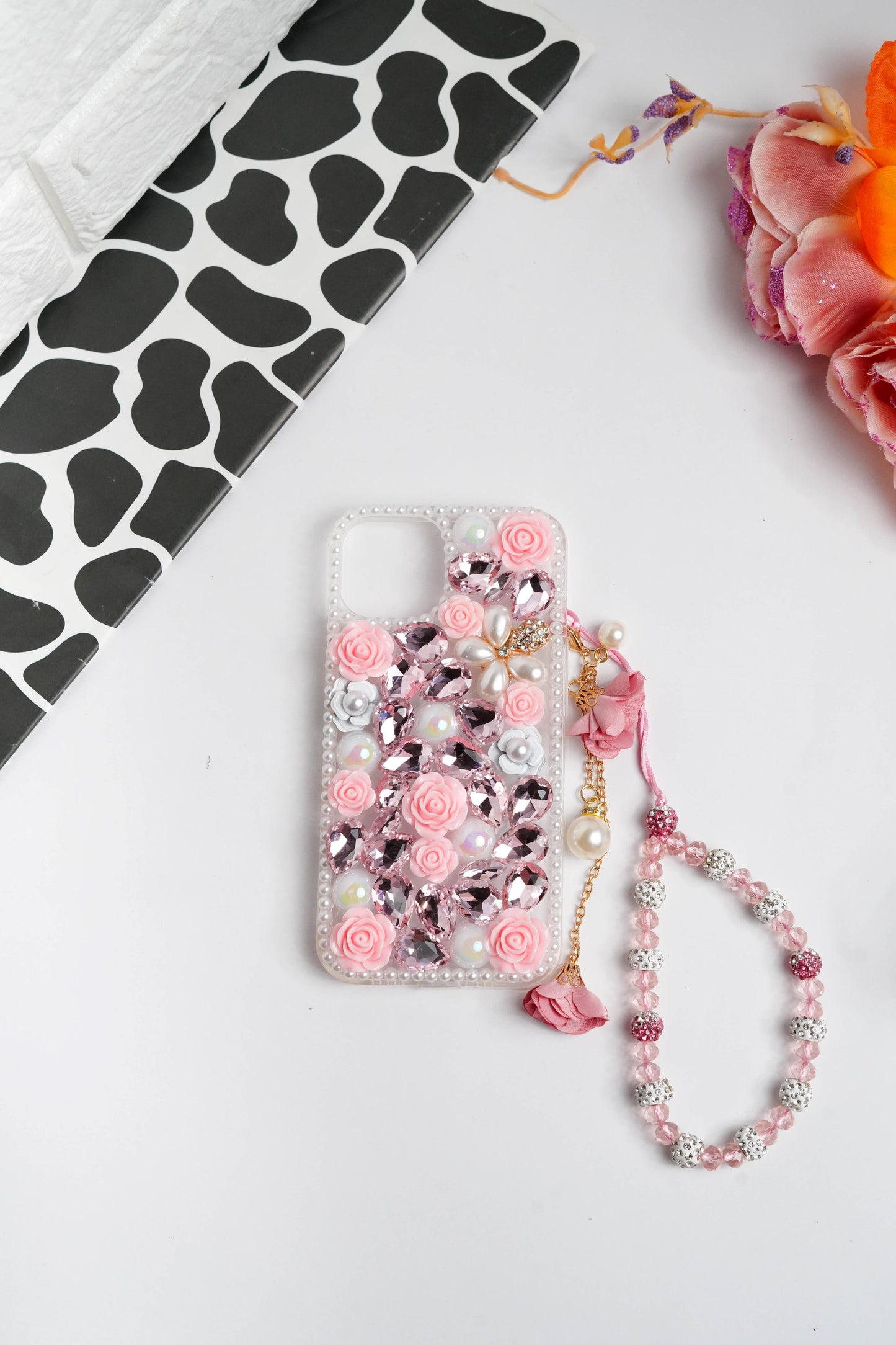 Pink Floral Diamond Bling With Pearl Floral Pendant Case for iPhone