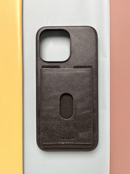 Puloka Black Leather Card Holder Case For iPhone