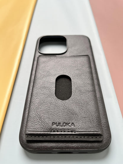 Puloka Black Leather Card Holder Case For iPhone