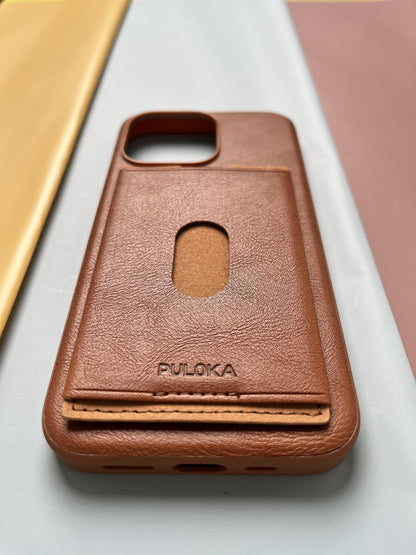 Puloka Brown Leather Card Holder Case For iPhone