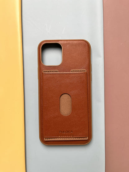 Puloka Brown Leather Card Holder Case For iPhone