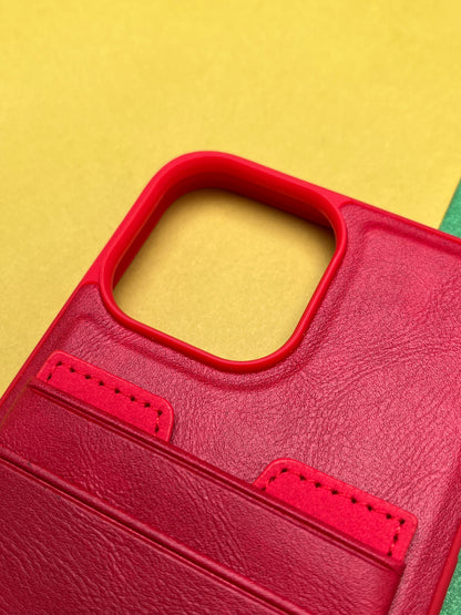 HDD Red Luxury Leather With Double Card Holder Case For iPhone
