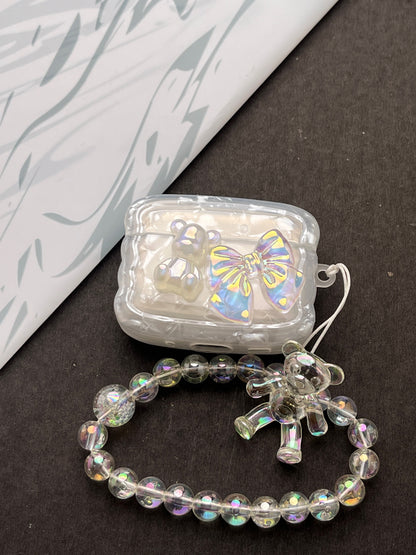 Sparkle Marble Bow With Teddy Charm Case For Apple AirPods