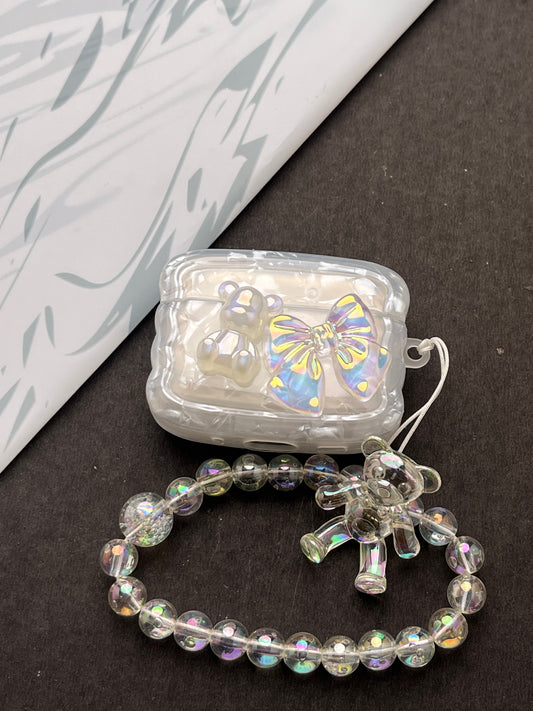 Sparkle Marble Bow With Teddy Charm Case For Apple AirPods