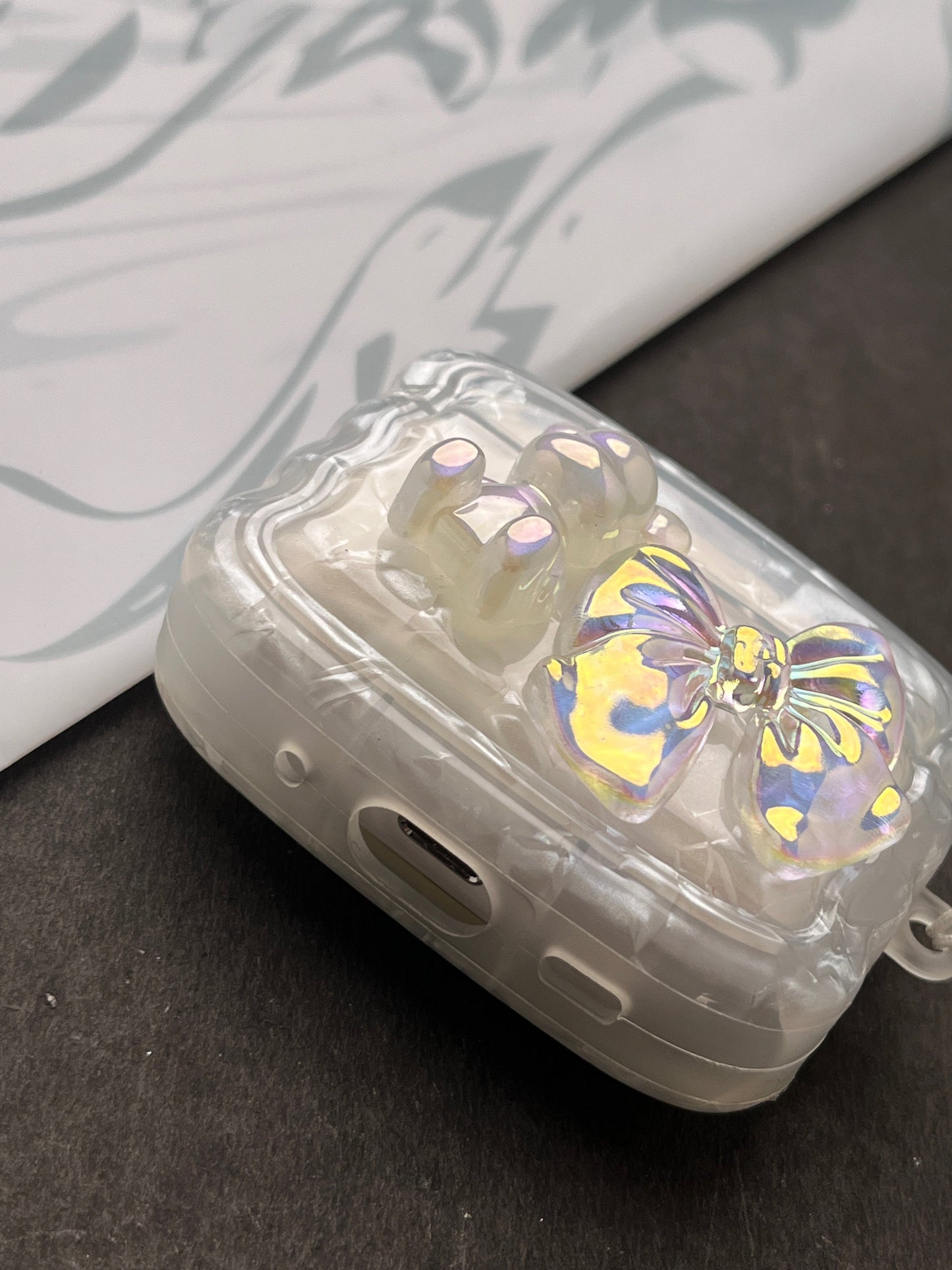 Sparkle Marble Bow With Teddy Charm Case For Apple AirPods