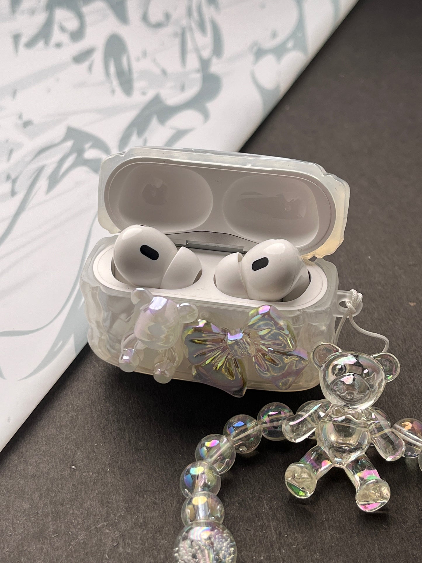 Sparkle Marble Bow With Teddy Charm Case For Apple AirPods