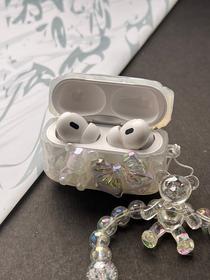 Sparkle Marble Bow With Teddy Charm Case For Apple AirPods