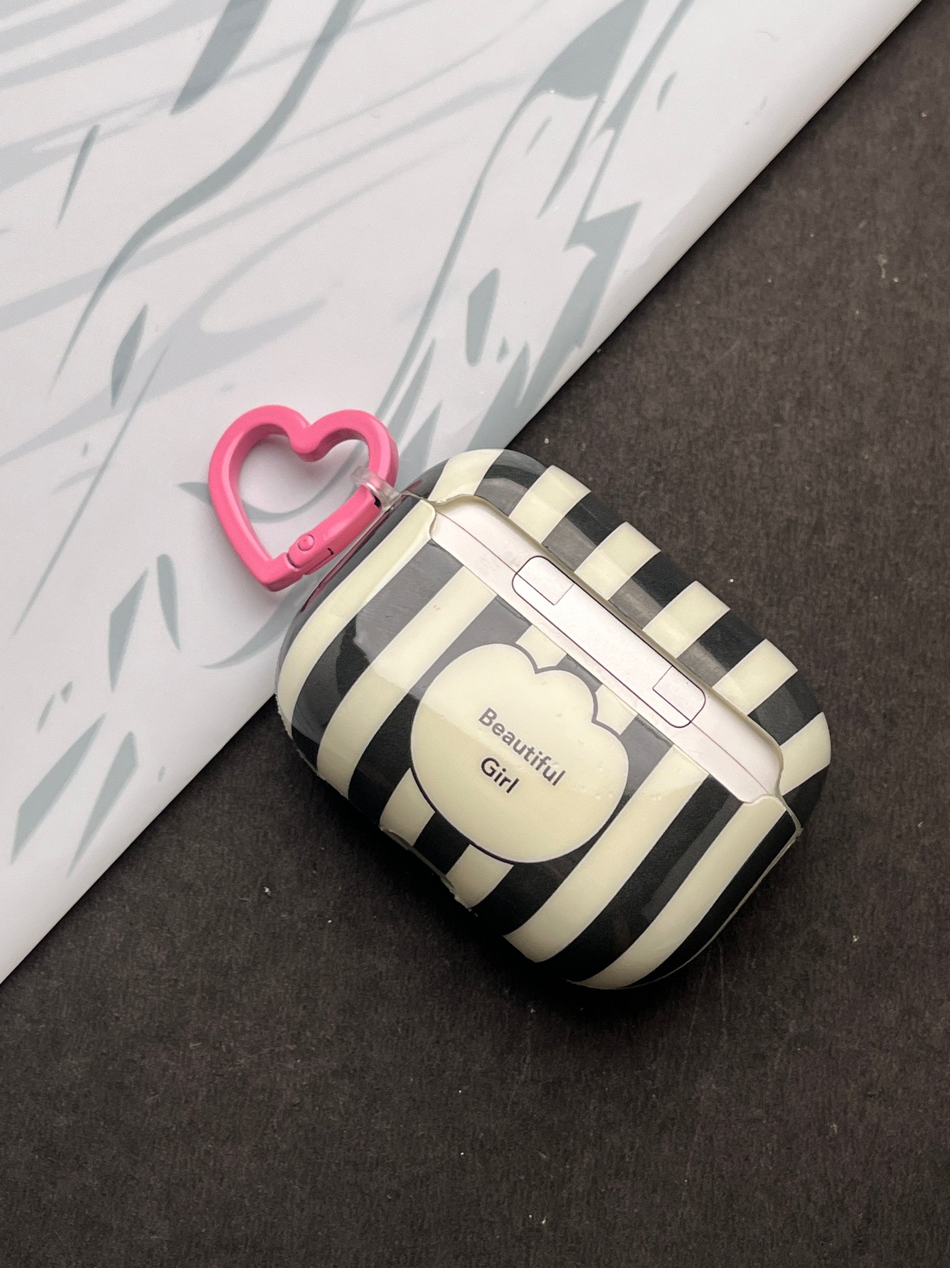 Beautiful Girl Zibra Line With Heart Keychain Case For Apple AirPods