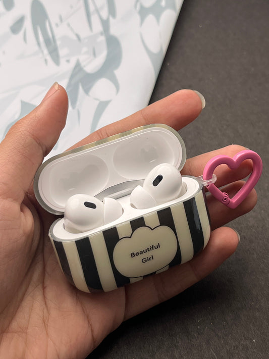 Beautiful Girl Zibra Line With Heart Keychain Case For Apple AirPods