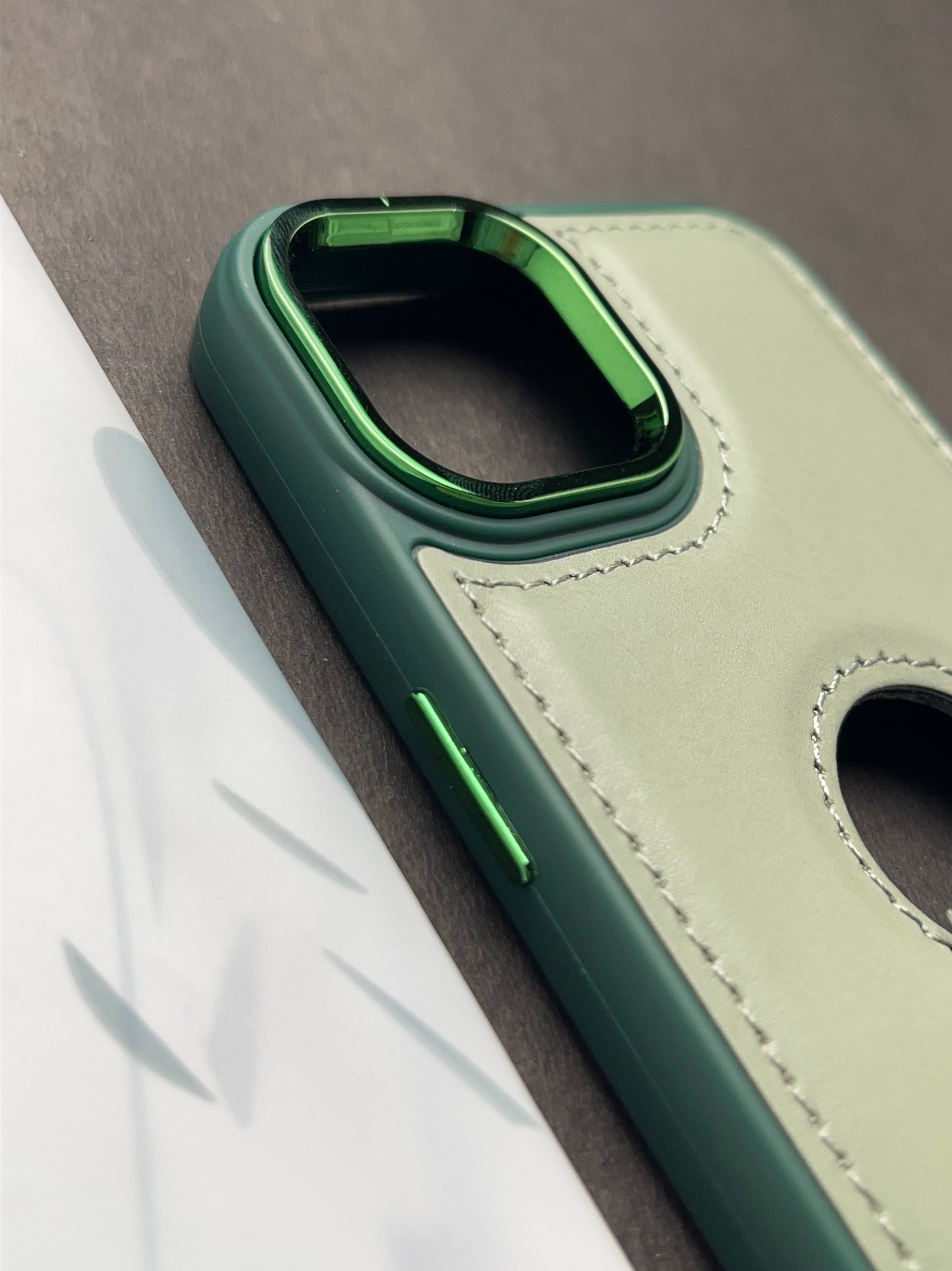 Hand Made Green Leather With Camera Bumper Case For iPhone