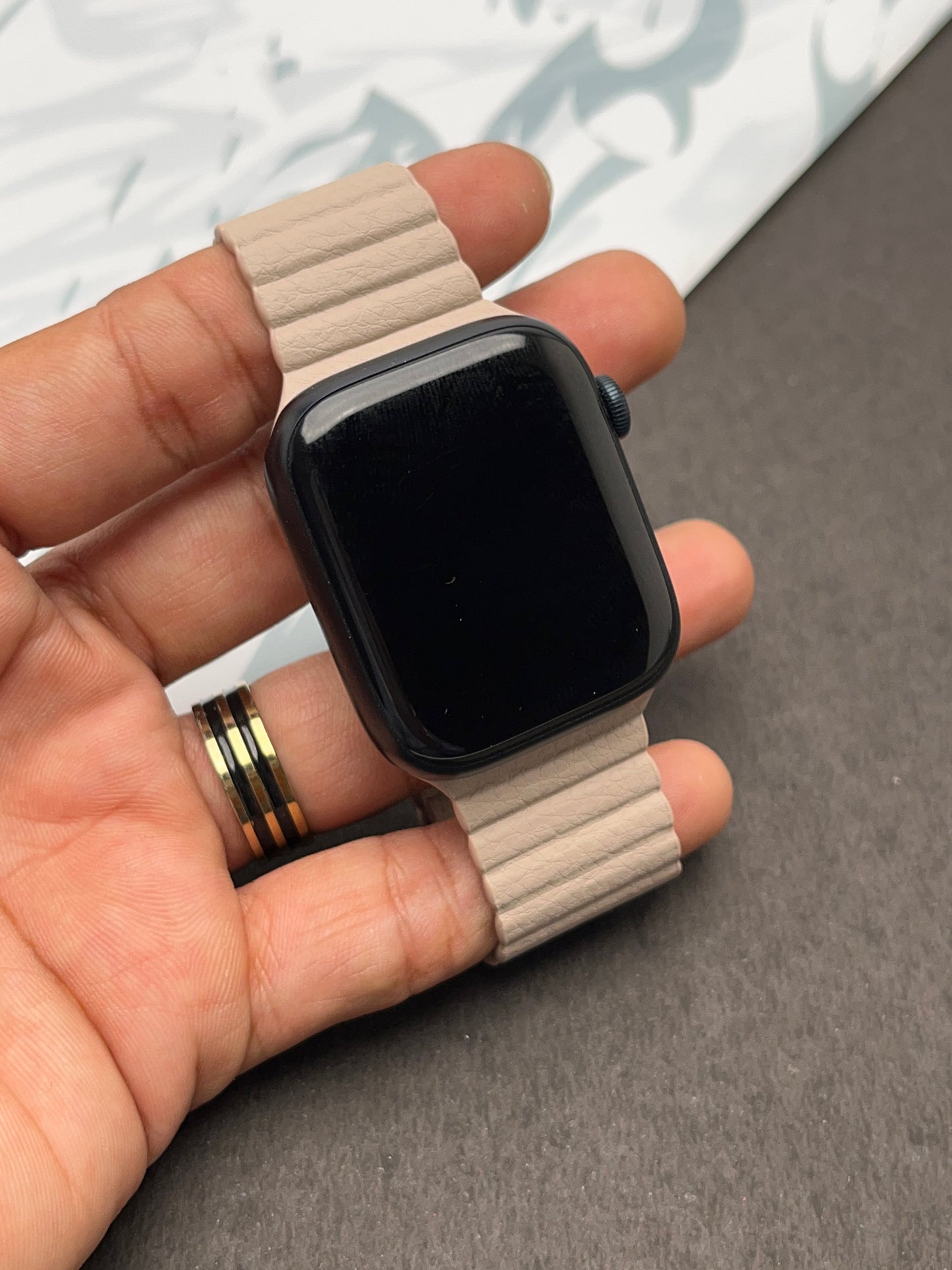 Beige Magnetic Leather Strap For Apple Watch