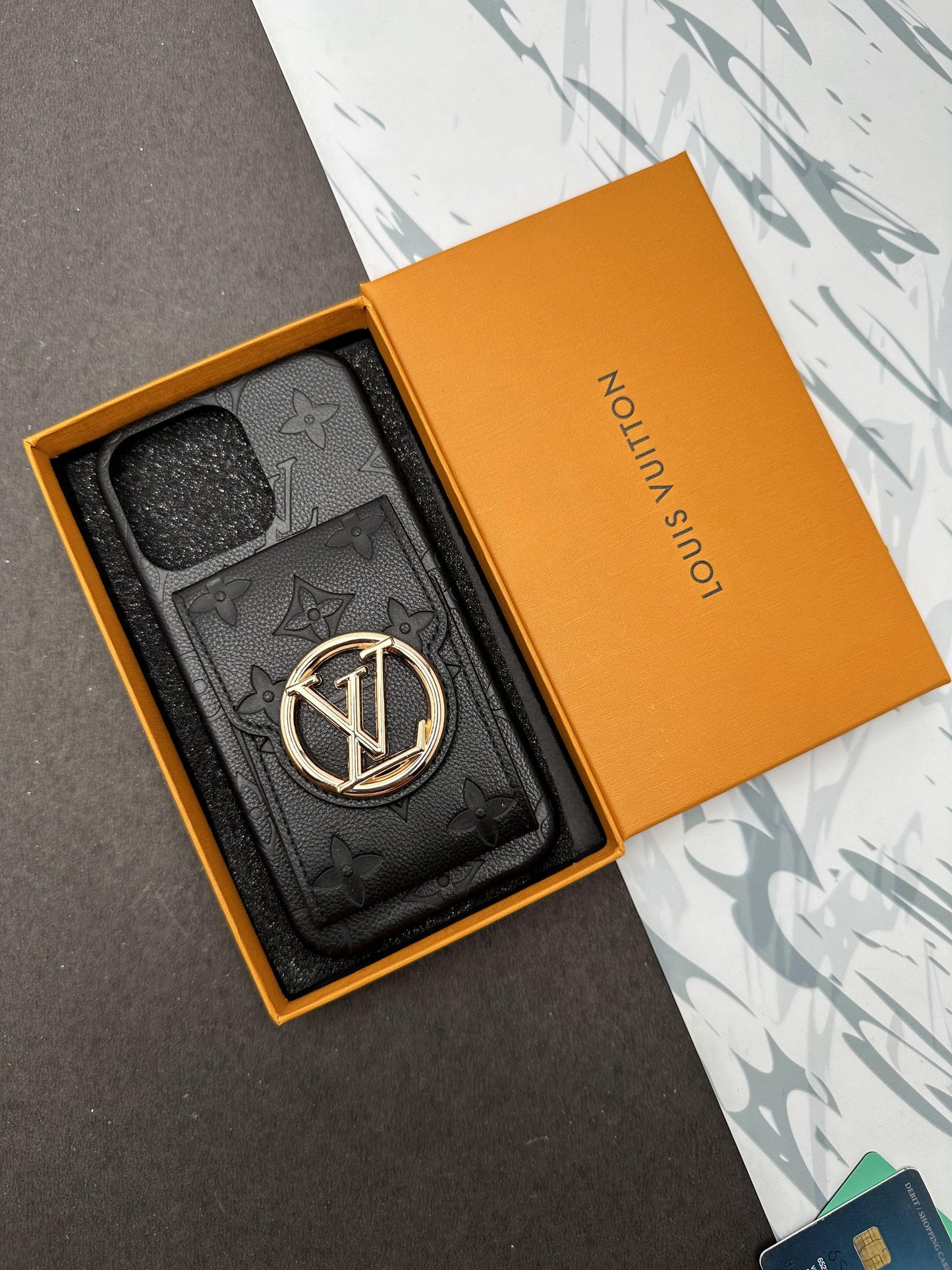 LV Black Luxury Leather Back Pocket case For iPhone