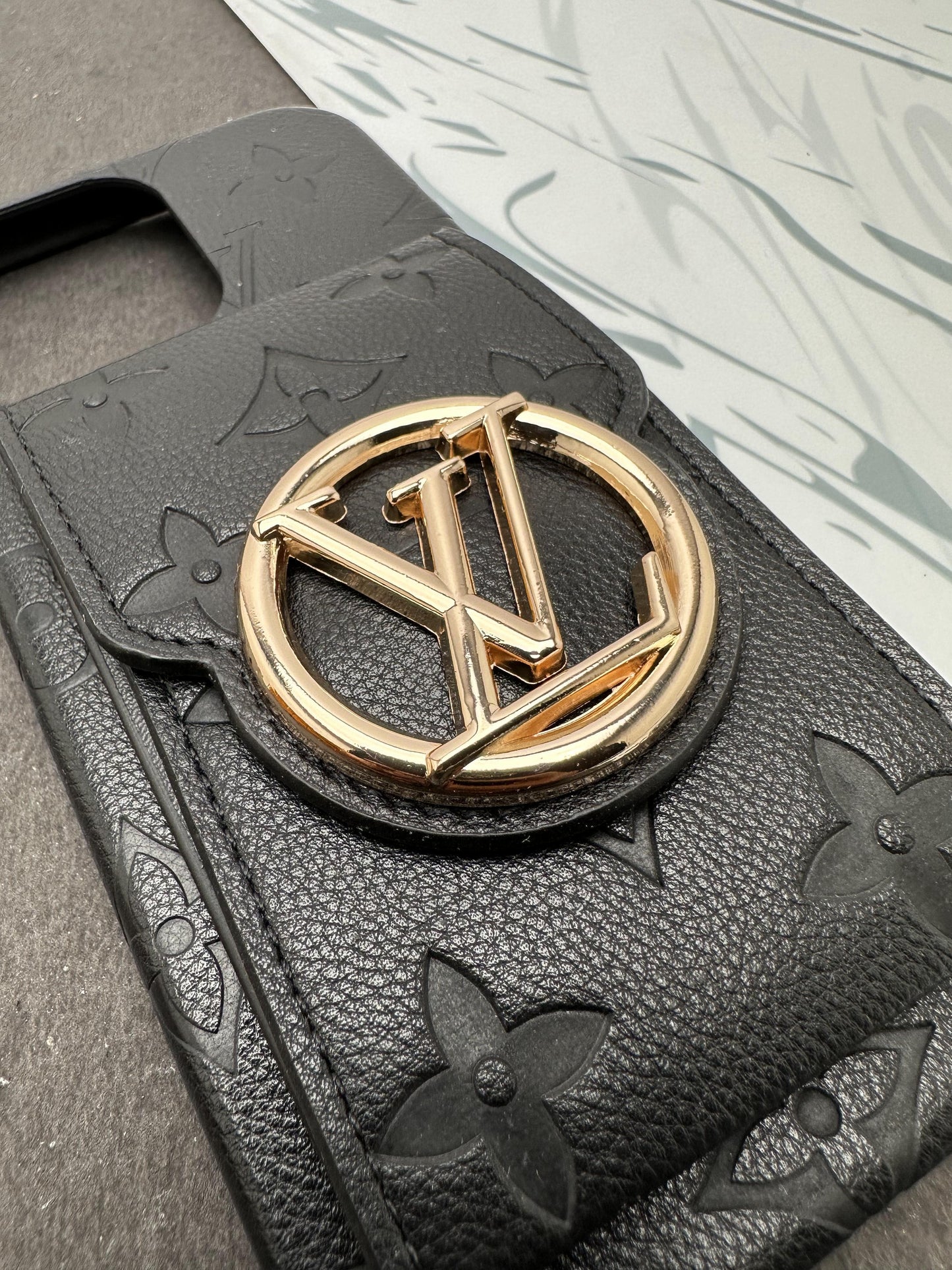 LV Black Luxury Leather Back Pocket case For iPhone