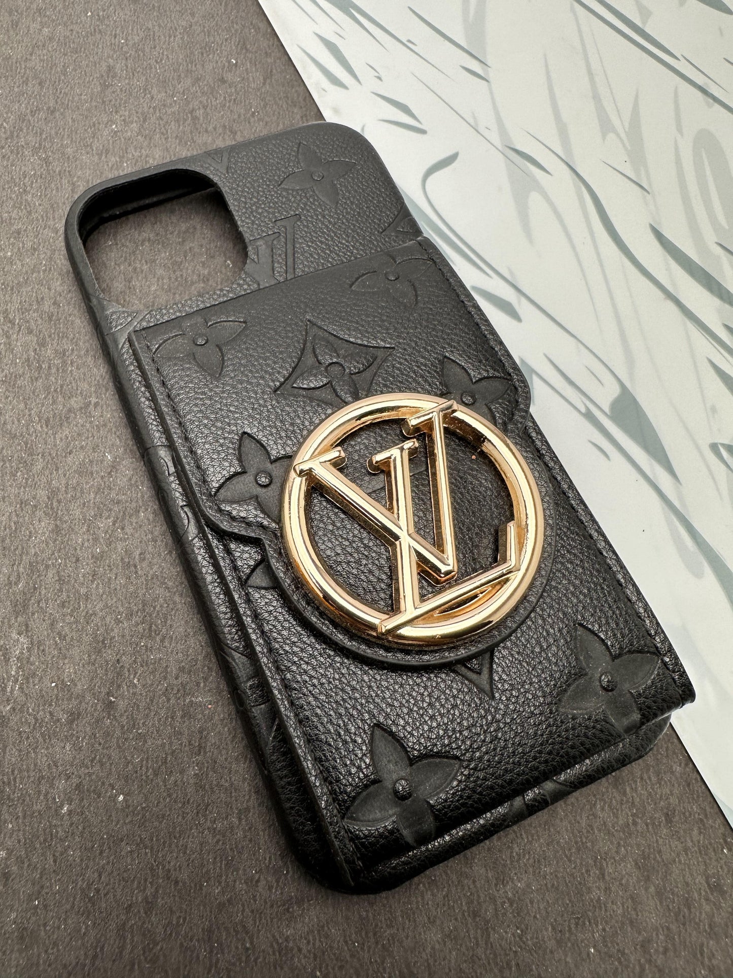 LV Black Luxury Leather Back Pocket case For iPhone