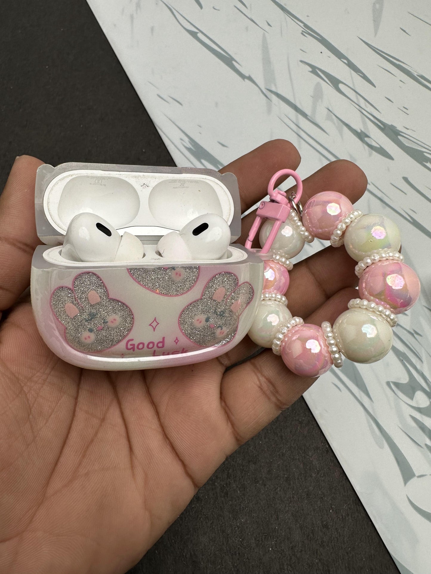 Glitter Teddy Bumper With Pearl Charm Case For Apple AirPods