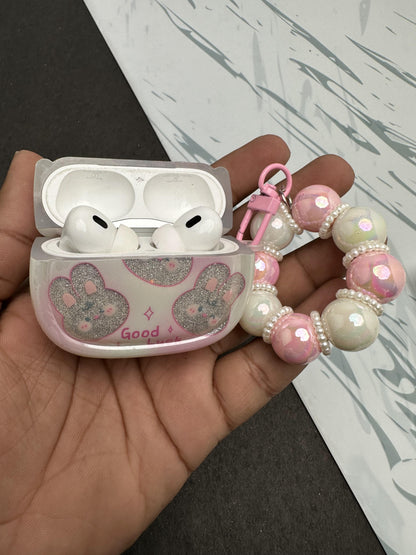 Glitter Teddy Bumper With Pearl Charm Case For Apple AirPods
