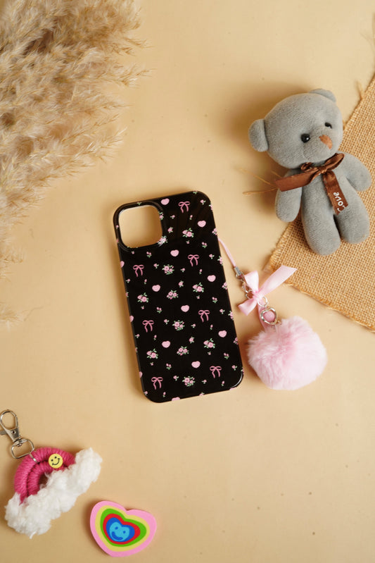 Black Glossy Flower With Fluffy Charm Case for iPhone