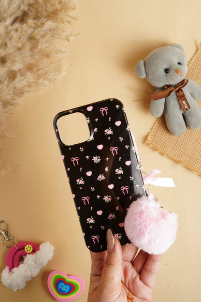 Black Glossy Flower With Fluffy Charm Case for iPhone