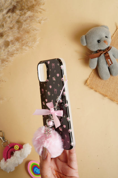 Black Glossy Flower With Fluffy Charm Case for iPhone