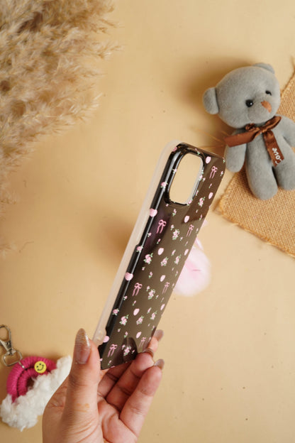 Black Glossy Flower With Fluffy Charm Case for iPhone