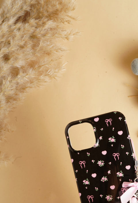 Black Glossy Flower With Fluffy Charm Case
