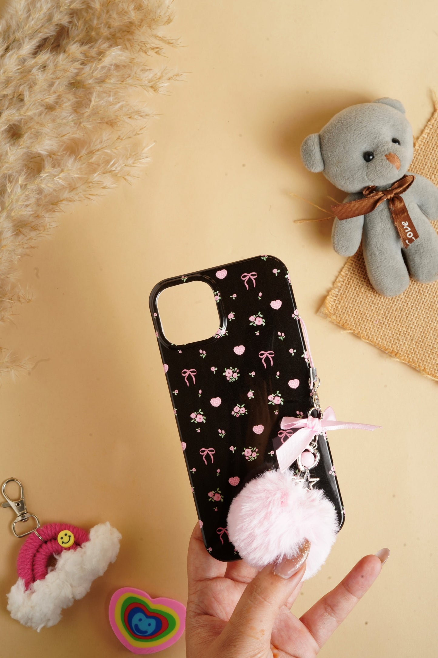 Black Glossy Flower With Fluffy Charm Case for iPhone