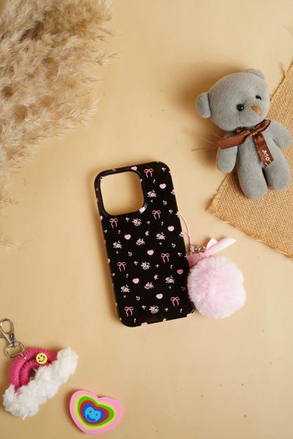 Black Glossy Flower With Fluffy Charm Case for iPhone