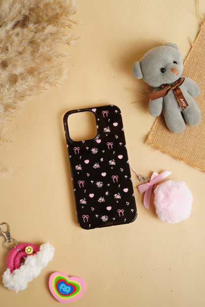 Black Glossy Flower With Fluffy Charm Case for iPhone