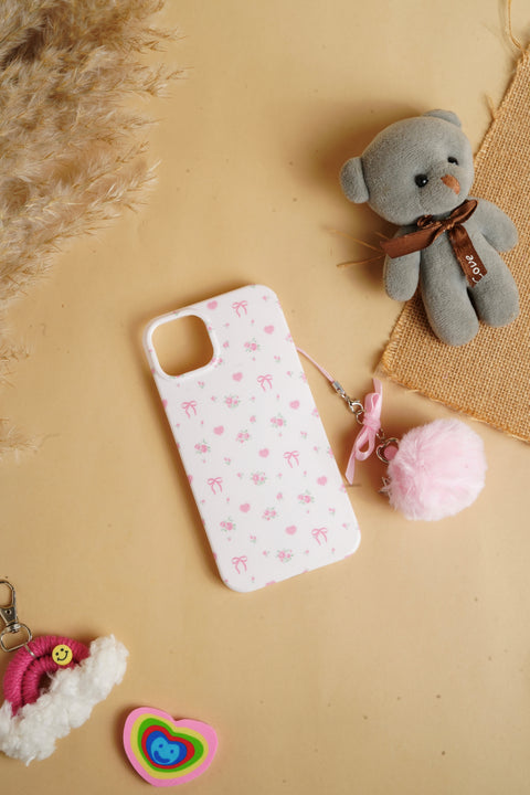 White Glossy Flower With Fluffy Charm Case