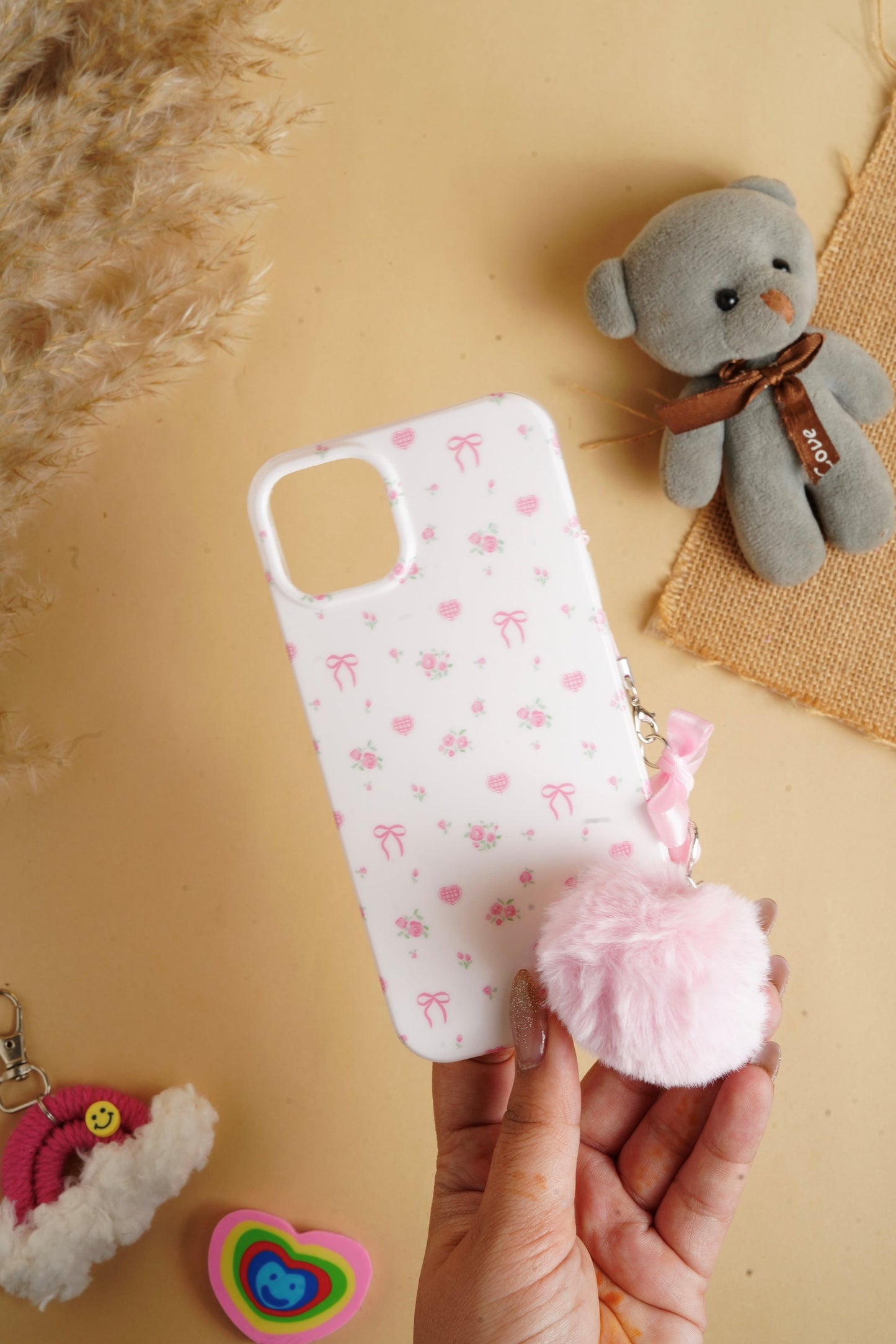 White Glossy Flower With Fluffy Charm Case for iPhone