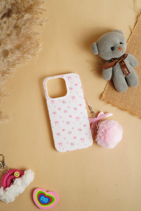 White Glossy Flower With Fluffy Charm Case