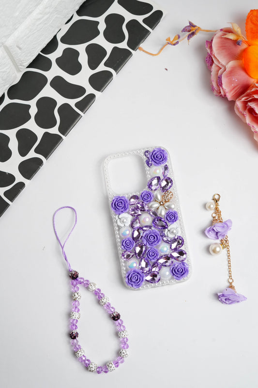 Purple Floral Diamond Bling With Pearl Floral Pendant Case for iPhone