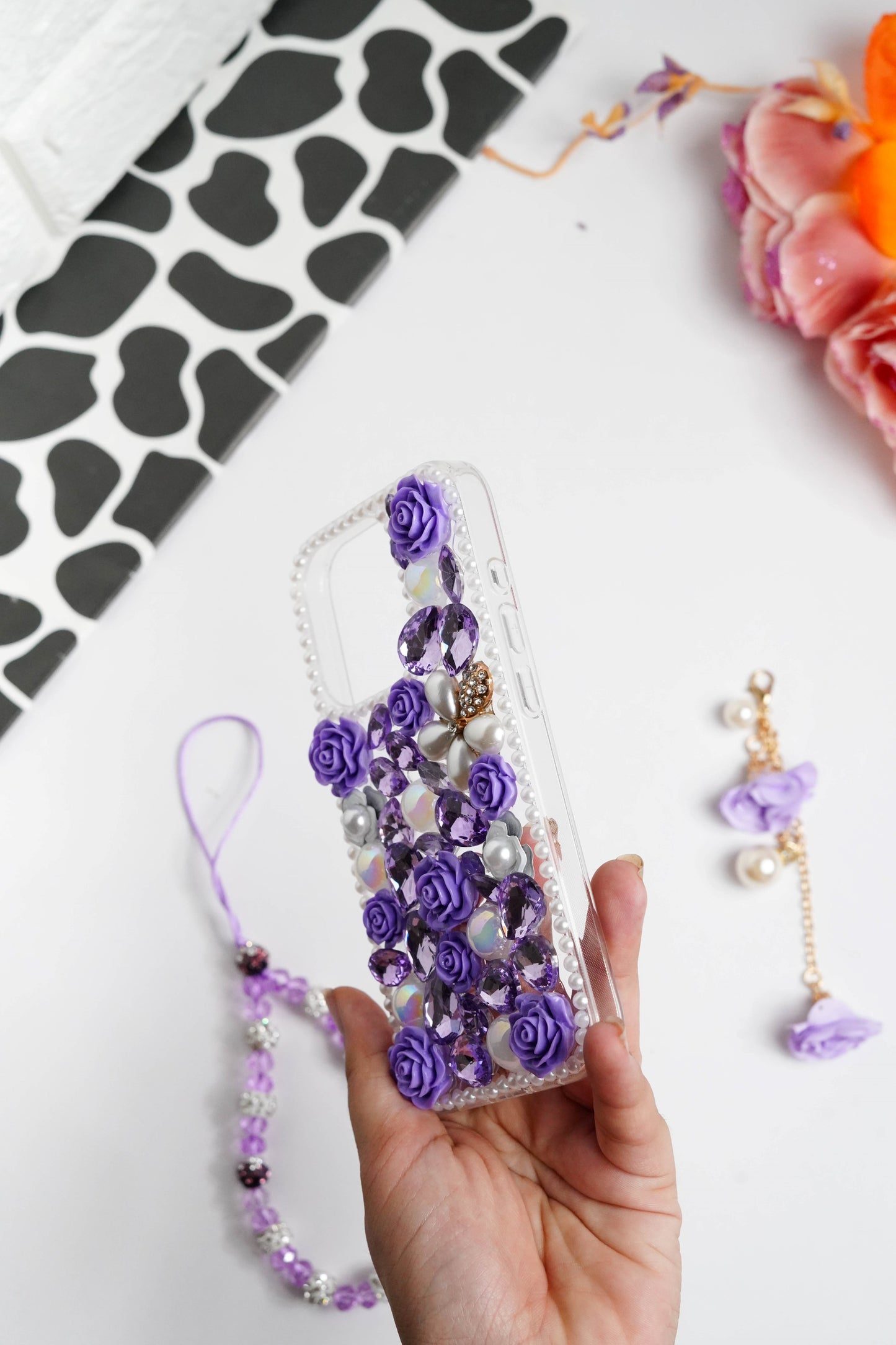Purple Floral Diamond Bling With Pearl Floral Pendant Case for iPhone