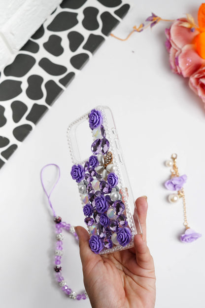 Purple Floral Diamond Bling With Pearl Floral Pendant Case for iPhone