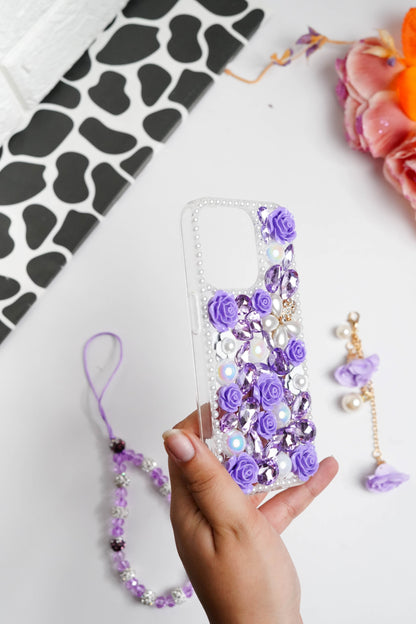 Purple Floral Diamond Bling With Pearl Floral Pendant Case for iPhone