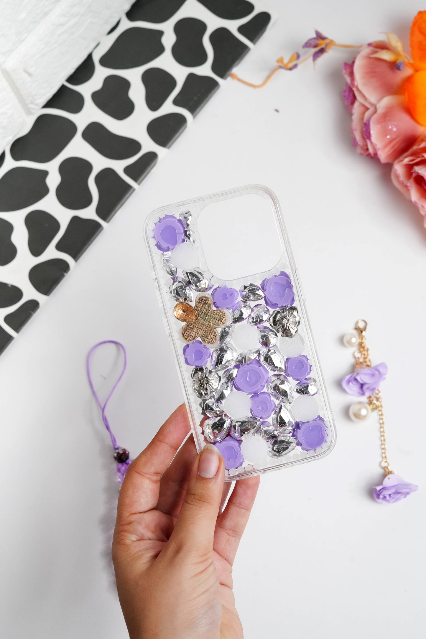 Purple Floral Diamond Bling With Pearl Floral Pendant Case for iPhone