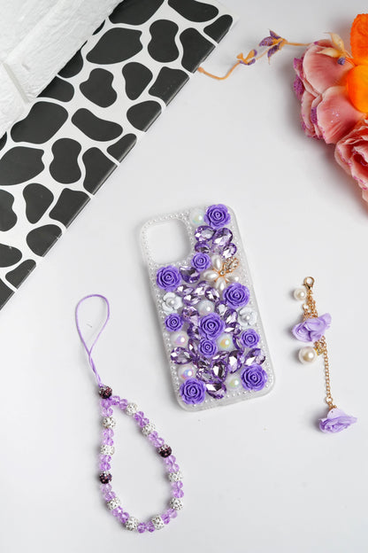 Purple Floral Diamond Bling With Pearl Floral Pendant Case for iPhone