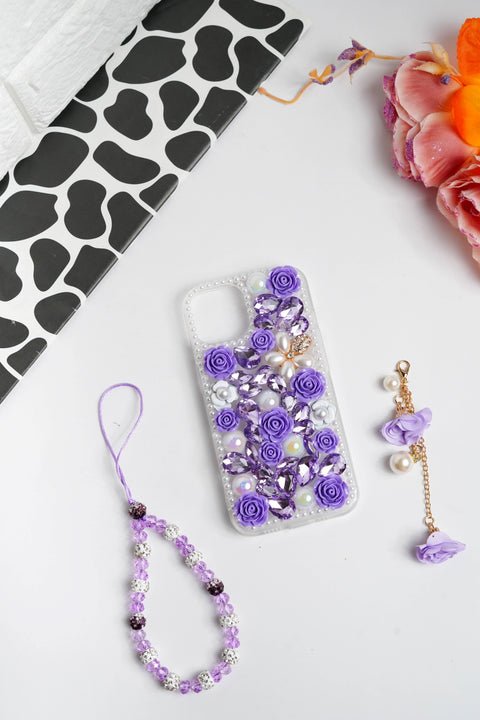Purple Floral Diamond Bling With Pearl Floral Pendant Case