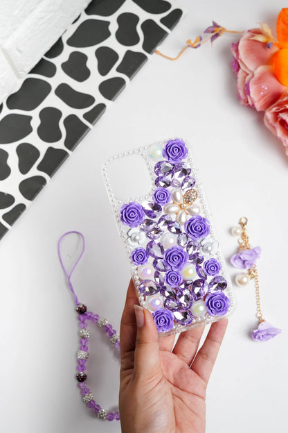 Purple Floral Diamond Bling With Pearl Floral Pendant Case for iPhone