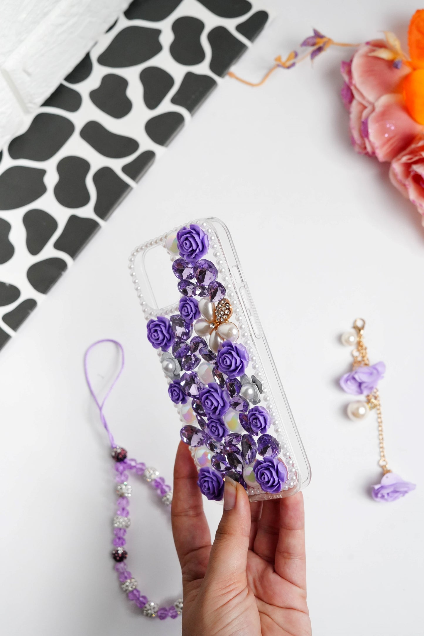 Purple Floral Diamond Bling With Pearl Floral Pendant Case for iPhone