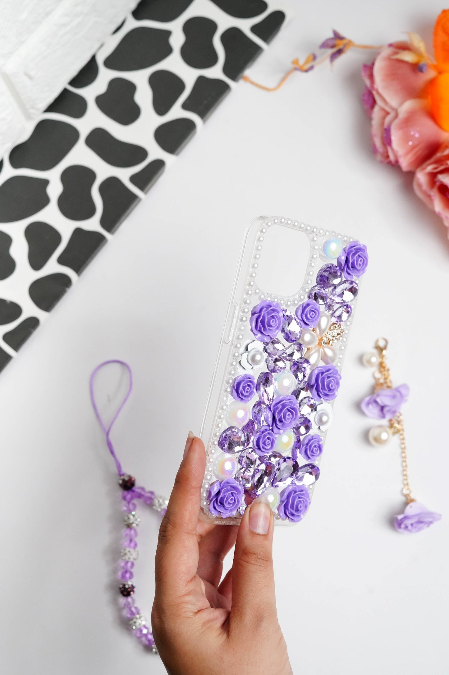 Purple Floral Diamond Bling With Pearl Floral Pendant Case for iPhone