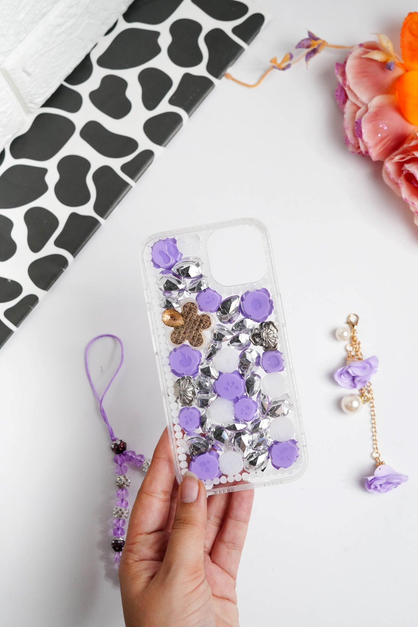 Purple Floral Diamond Bling With Pearl Floral Pendant Case for iPhone