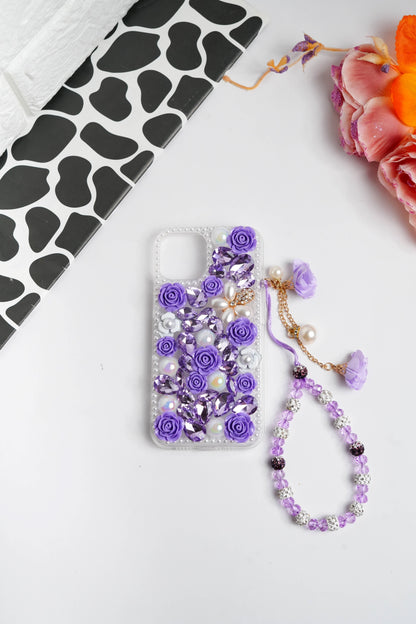Purple Floral Diamond Bling With Pearl Floral Pendant Case for iPhone