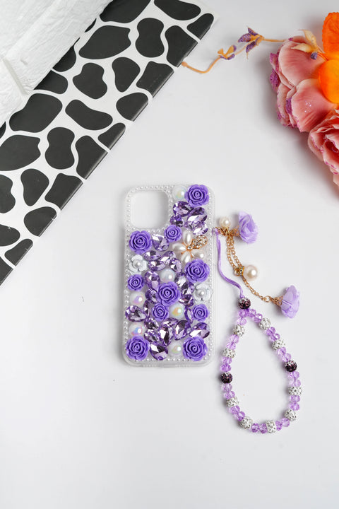 Purple Floral Diamond Bling With Pearl Floral Pendant Case