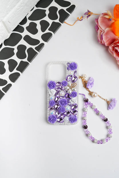 Purple Floral Diamond Bling With Pearl Floral Pendant Case for iPhone